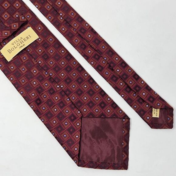 VILLA BOLGHERI SILK TIE RED BROWN GEOMETRIC LUXURY TEXTURED SATIN 4" X 59" - Picture 2 of 3